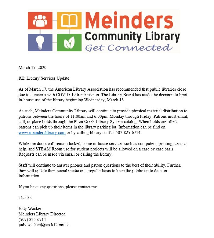 Letter from Library Director regarding COVID-19