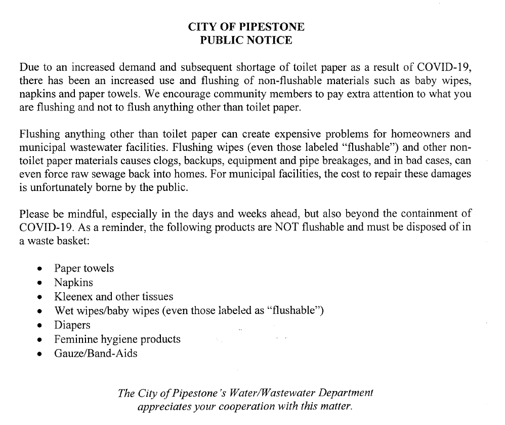 Public Notice-Only Flush Toliet Paper COVID-19
