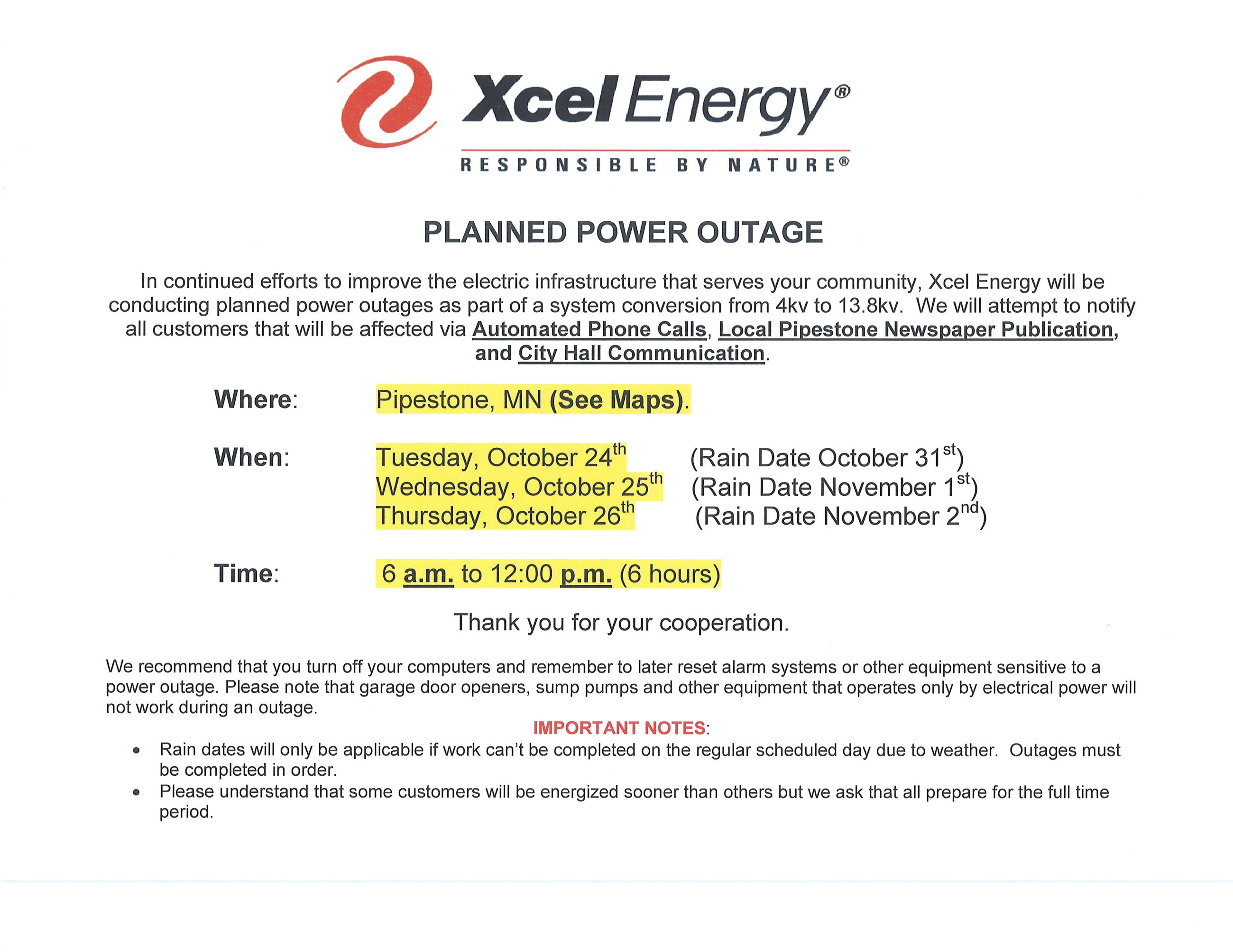 Xcel Planned Power Outage
